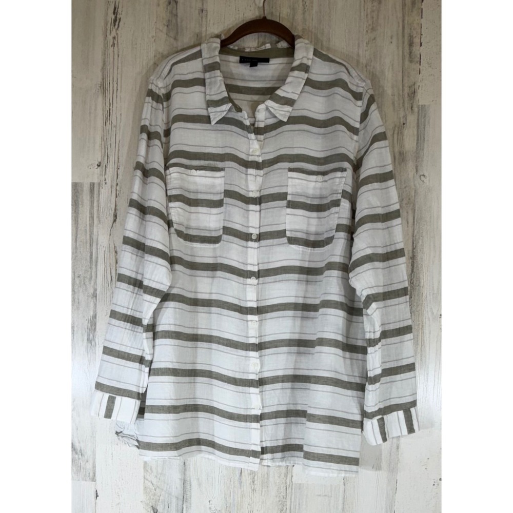 Lane Bryant Button Down 26/28 White Olive Green Stripe Linen Blend Roll Tab